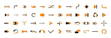 Renkli oklar seti. Yön veya nesneyi vurgulamak için ok simgeleri. Nesneleri gösteren tasarım elemanları. Siteler için çıkartmalar. Çizgi film düz vektör koleksiyonu beyaz arkaplanda izole edildi