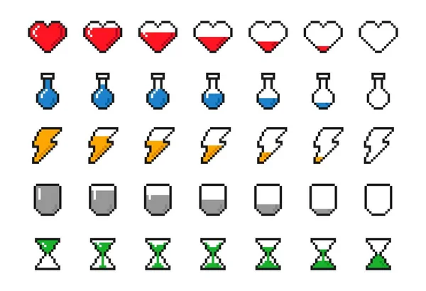 Sada Herních Položek Pixelové Ikony Srdcem Bleskem Lektvarem Přesýpacími Hodinami — Stockový vektor