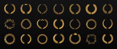 Altın defne çelenkleri. Çeşitli şekillerde organik yaprak ödülleri. Logolar, kapaklar ve kartlar için güzel tasarım elemanları. Gradyan 3B vektör koleksiyonu siyah arkaplanda izole edildi