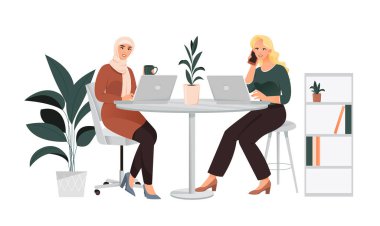 İş etkinliği konsepti. Genç gülümseyen kadınlar modern ofiste dizüstü bilgisayarlarla çalışıyorlar. Çalışanlar iletişim kurar, aramalar yapar ve projeleri tamamlarlar. Çokuluslu Personel. Çizgi film düz vektör çizimi