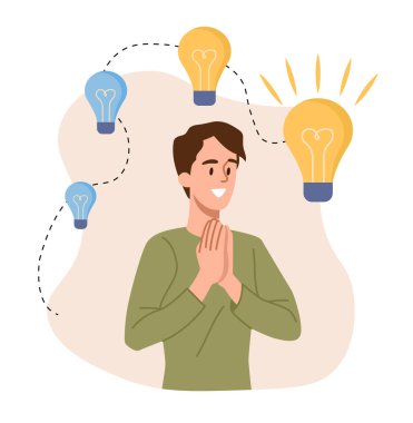 Finding brilliant idea concept. Young smiling man looks at large sparkling light bulb. Creative employee finds best solution. Thought process and brainstorming. Cartoon flat vector illustration