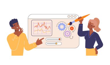 Creation UI design concept. Young male and female programmers make user interface for website or layout for application. Creative characters present the project. Cartoon flat vector illustration