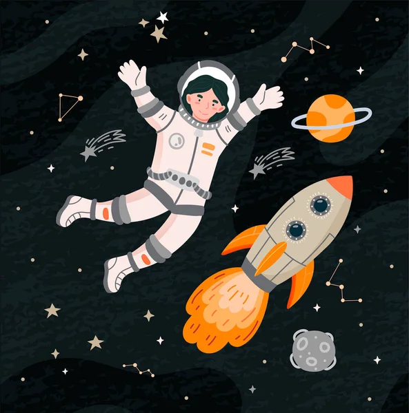 Happy Astronaut Outer Space Smiling Character Spacesuit Flies Planets Stars — 图库矢量图片