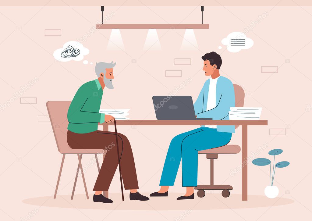 Psychiatrist with patient. Grandfather came to specialist to talk about problems. Diagnosis and selection of treatment method. Help and support, mental health care. Cartoon flat vector illustration