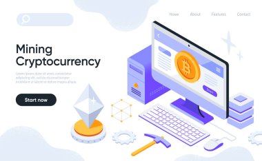 Madencilik kripto para birimi konsepti. Bilgisayarlı sayfa şablonu, ekranda bitcoin sembolü ve madenciler için yazılım indiriliyor. Dijital siber yatırımlar. Web sitesi tasarımı. Karikatür izometrik vektör çizimi