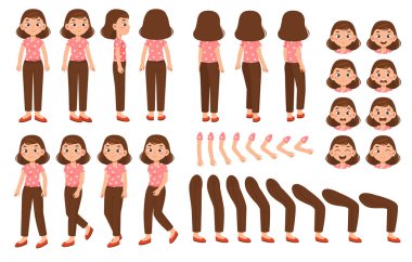 Anne karakterinin animasyonunu yapmaya hazır. Farklı duyguları, jestleri ve pozları olan bir ev hanımı. Kollar, bacaklar, yüz ve diğer elementler. Çizgi film düz vektör koleksiyonu beyaz arkaplanda izole edildi