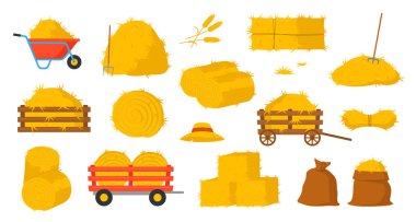 Bir balya saman ikonu. Kuru saman, saman, rulo yığını, tahta ya da metal el arabası ve dirgenli çıkartmalar. Çiftçilik ve tarım. Çizgi film düz vektör koleksiyonu beyaz arkaplanda izole edildi