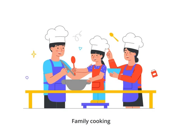 Family Home Activities Concept Parents Child Apron Prepare Delicious Food — ストックベクタ