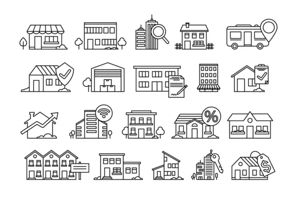 Set Von Einfachen Linearen Piktogrammen Für Gebäude Immobilien Haus Geschäft — Stockvektor