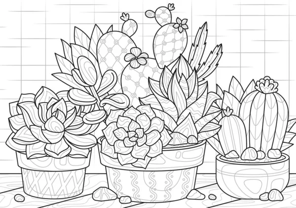 Design Coloring Book Beautiful Cactus Succulents Flowering Plants Pots Antistress — Vector de stock