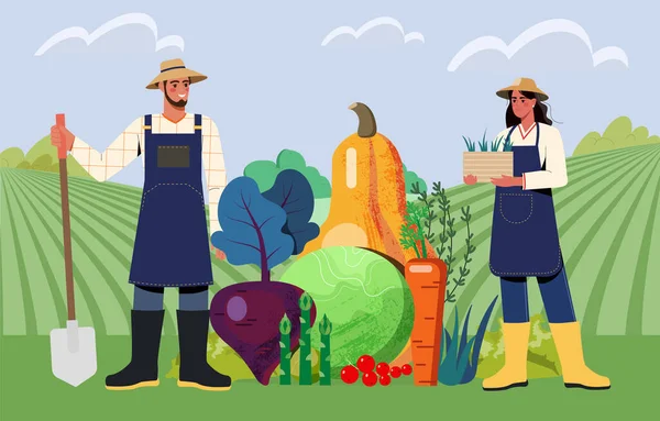 Οργανική Καλλιέργεια Νέοι Άνδρες Και Γυναίκες Αγρότες Στολή Καλλιεργούν Τροφή — Διανυσματικό Αρχείο
