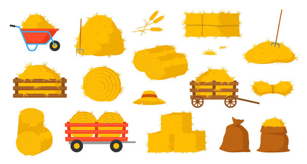 Set of bale of hay icons. Stickers with dry straw, hayloft, roll pile, wooden or metal wheelbarrow and pitchfork. Farming and agriculture. Cartoon flat vector collection isolated on white background