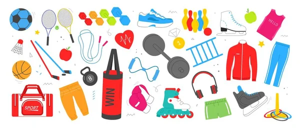 Various Sport Equipment Set Stickers Inventory Accessories Fitness Gym Workouts — ストックベクタ