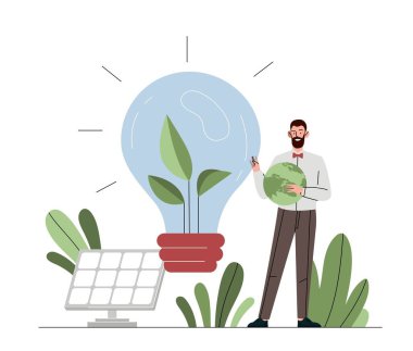 Ekolojik fikir konsepti. Güneş paneli olan bir adam zararlı maddelerin salınımını azaltmak için yeni yollar geliştirir. Yaratıcı kişi alternatif enerji kaynakları üretiyor. Çizgi film düz vektör çizimi