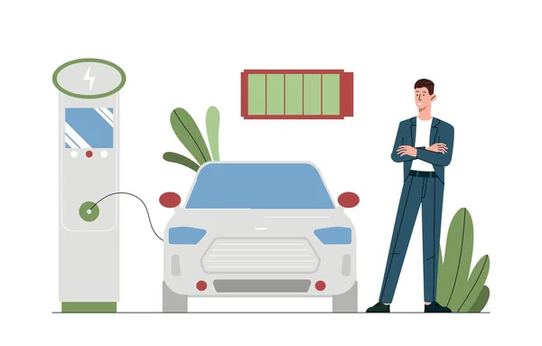 Man Charging Car Character Modern Vehicle Reduced Emissions Harmful Substances — Vetor de Stock