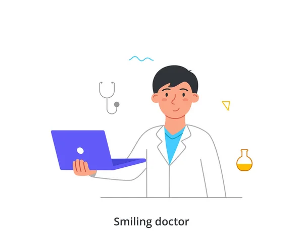 Smiling Medical Worker Smiling Male Doctor Holds Laptop Communicates Patient — Stock vektor