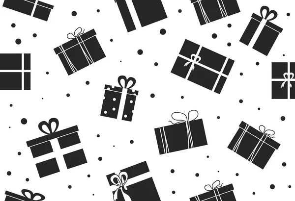 Seamless Pattern Gift Boxes Simple Template Black Boxes Ribbons Happy — Archivo Imágenes Vectoriales