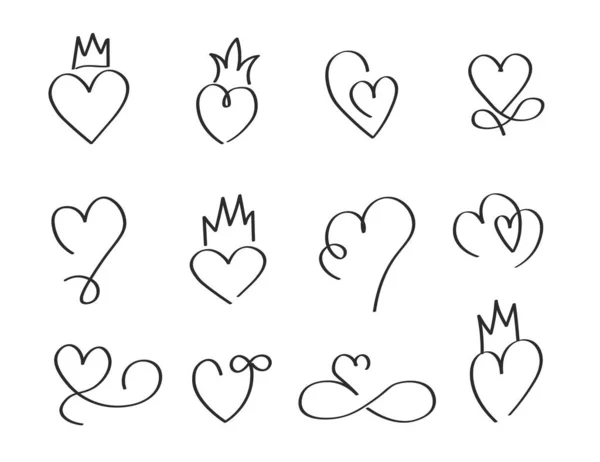 Set Hand Drawn Crowned Hearts Icons Hearts Love Relationships King — Image vectorielle