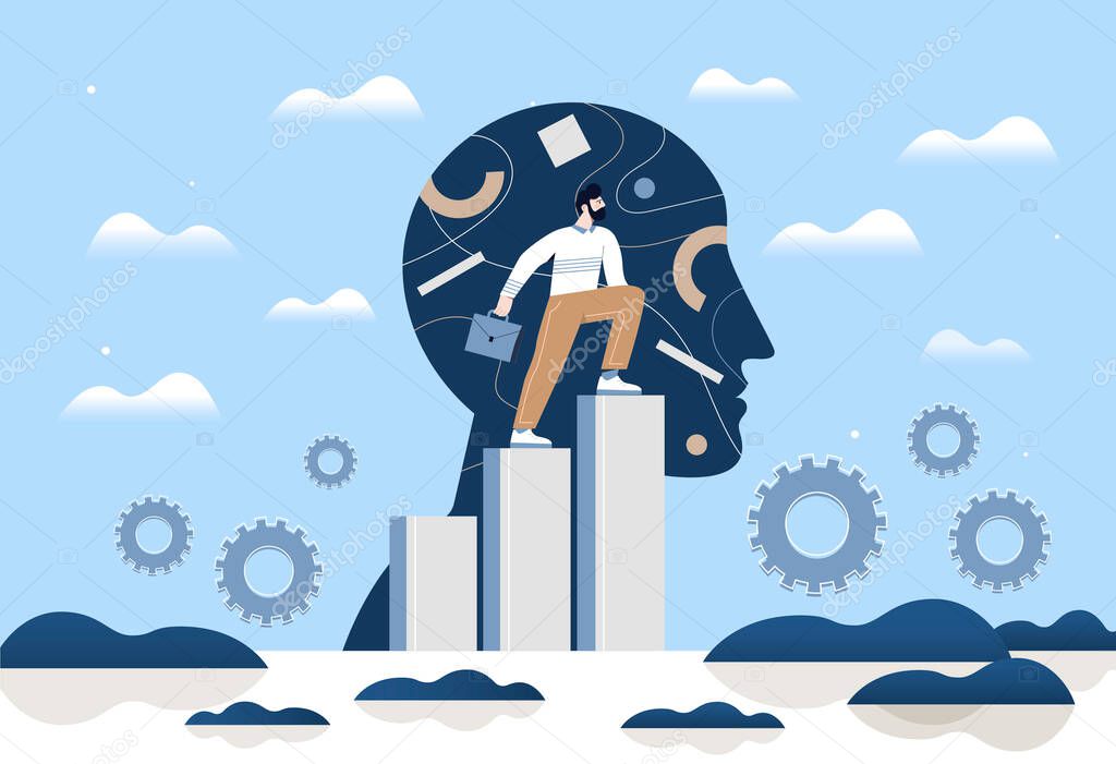 Subconscious mental processes concept. Thinking, awareness and responsibility in behavior. Psychological stability. Male businessman on background of head silhouette. Cartoon flat vector illustration