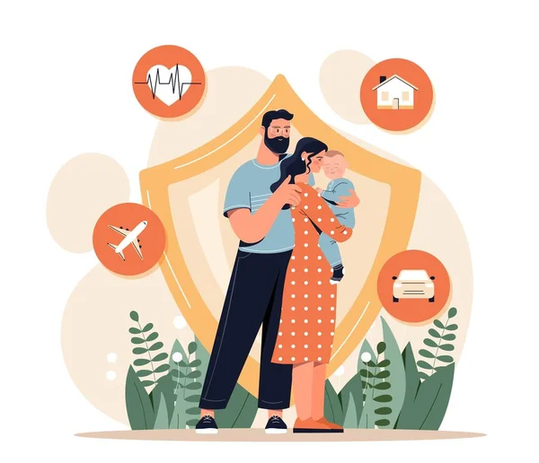 Coverage accident and assurance plan concept. Family with parents and child stands next to shield. Life, health, real estate and car insurance. Property protection. Cartoon flat vector illustration