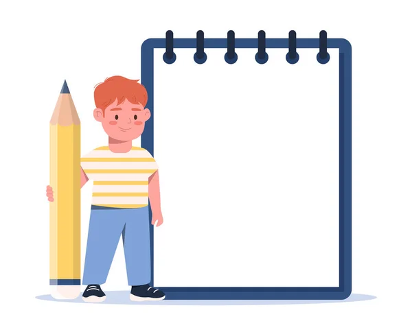 Blank Note Paper Concept Little Boy Preschooler Student Big Pencil — Wektor stockowy