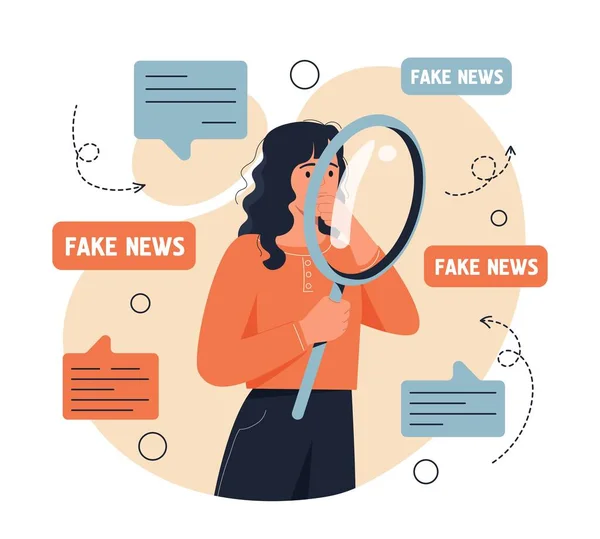 Spreading Fake News Concept Young Woman Magnifying Glass Analyzes Untruth — Stok Vektör