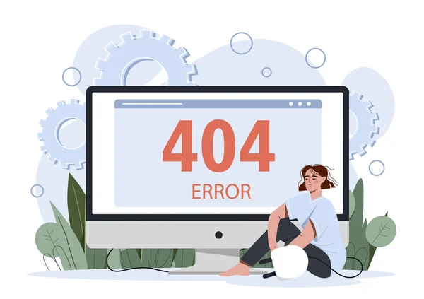 Error 404 Concept Young Woman Sits Next Computer Screen Plug — Archivo Imágenes Vectoriales
