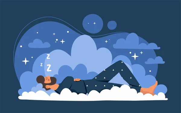 Peaceful Sleep Concept Man Lies Clouds Metaphor Comfortable Bed Comfort — Stock Vector