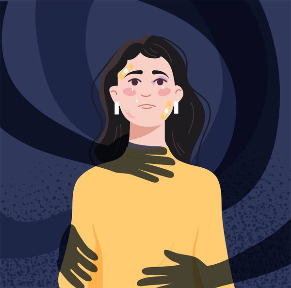 Stop gender violence. Frightened woman stands against background of shadows of her hands. Protest against beatings and domestic aggression. Crying battered girl. Cartoon flat vector illustration