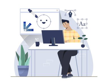 Designer at workplace. Man sits at computer, creates graphic elements for website. Development of interface for applications and programs. Freelancer or remote worker. Cartoon flat vector illustration