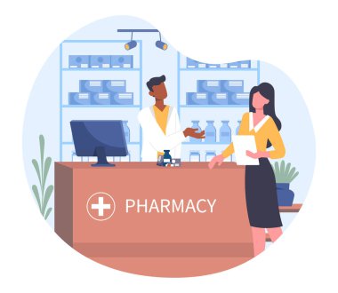 Eczanedeki kadın. Kız ilaç ve hazırlık satın alıyor. Satıcı ve müşterisi kasada. Doktor ve ilaç endüstrisinde çalışan bir hastaya danışmanlık yapıyorum. Çizgi film düz vektör çizimi