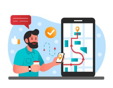 Navigasyon uygulaması konsepti. Akıllı telefonlu bir adam bölge haritası okuyor, yabancı bir şehirde turist. Karakter rota oluşturur. Navigasyon ve konum belirleme. Çizgi film düz vektör çizimi