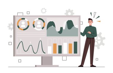 Sitenin istatistik konsepti. Adam grafik ve çizelgelerin yanında duruyor, analitik departman bilgi topluyor. Karakter pazarlama araştırmaları, SEO ya da SMM uzmanı yapar. Çizgi film düz vektör çizimi