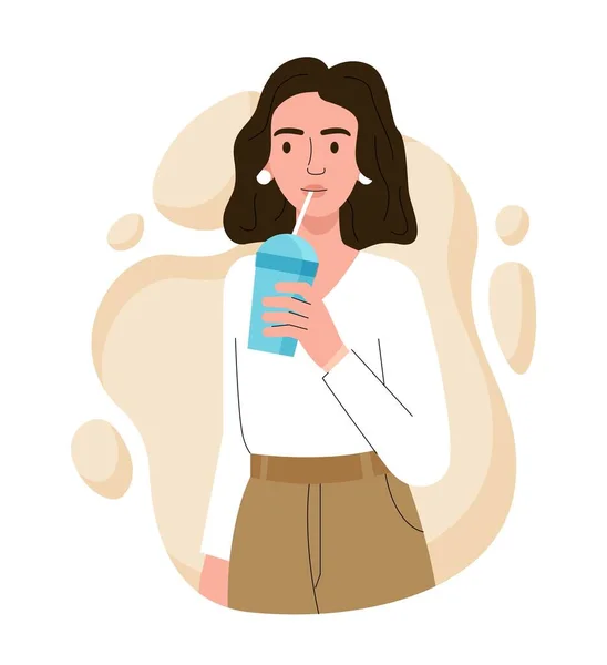 Take Care Health Woman Drinks Milkshake Character Takes Care Her — 图库矢量图片