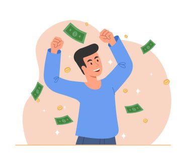 Düşen banknotları olan bir adam. Karakter başarıyı kutlar, online piyango kazanır. Finansal okur yazarlık ve pasif gelir, zengin girişimci veya iş adamı. Çizgi film düz vektör çizimi