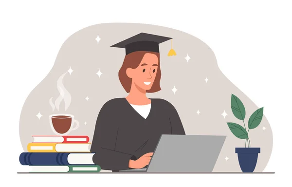 Graduate Woman Concept Girl Graduate Hat Sitting Laptop Student Preparing — Stockvektor