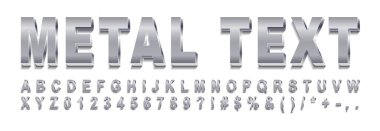 Metal metin seti. Gümüş renkli yazıtların toplanması, demir gölgesi. Web sitesi, program ve tipografi için grafiksel öğeler. Beyaz arkaplana çizdiğim çizgi film gerçekçi vektör çizimleri