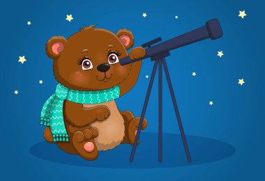 Teleskopla dayan. Geceleri yıldızları inceleyen sevimli çocuk karakteri. Meraklı hayvan, maskot. Astroloji ve astronomi, yıldızlı gökyüzü, uzay, galaksi ve evren. Çizgi film düz vektör çizimi