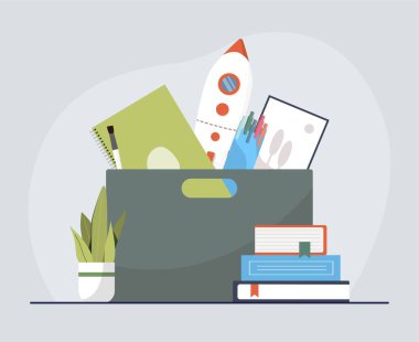 İçinde eşyalar olan bir ofis kutusu. Çalışanları işten çıkarılmış, işyerlerinden eşya topluyorlarmış. İçinde yazma gereçleri, roket ve not defteri olan kişisel konteynır. İşsiz kalmak. Çizgi film düz vektör çizimi