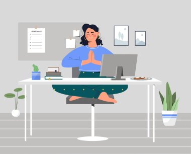 Businesswoman meditating at workplace. Woman sit in lotus position and works on laptop. Metaphor for calmness and concentration at work. Freelancer or remote employee. Cartoon flat vector illustration