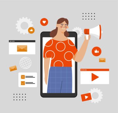Sosyal medyada pazarlama. Akıllı telefondan hoparlörlü bir kadın insanları arıyor. İnternet 'te mal ve hizmetlerin tanıtımı. Etkileyici ve popüler kişilik. Çizgi film düz vektör çizimi