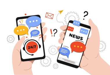 İnternet haberleri. Akıllı telefondan bilgi alın. Modern teknolojiler ve kitle iletişim araçları çevrimiçi. Karakterler verileri paylaşır. Konuşma baloncukları olan sosyal ağlar. Çizgi film düz vektör çizimi