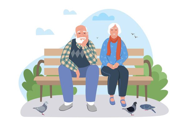 Пожилая пара в парке. Бабушка с дедушкой сидят на скамейке в парке. Семья на романтическом свидании, муж и жена кормят голубей. Выпускники на прогулке в летний или весенний сезон. Мультфильм с плоским вектором