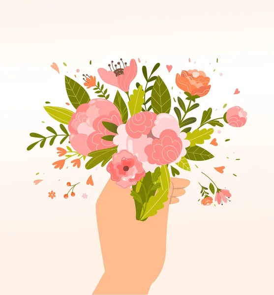 Hand Flowers Character Holding Bouquet Pink Plants Woman Shows Gift — ストックベクタ
