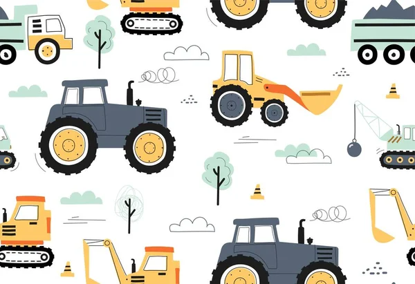 Seamless Pattern Tractors Repeating Image Vehicles Printing Paper Fabric Machines — Stock Vector