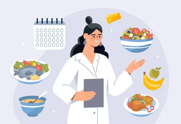 Nutritionist Makes Meal Plan Woman Analyzes Products Selects Necessary Healthy — Image vectorielle