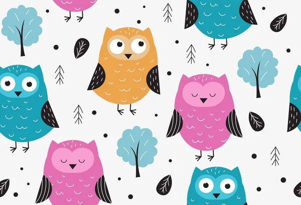 Owls Seamless Pattern Repeating Image Colorful Birds Leaves Trees Design — Stockvektor