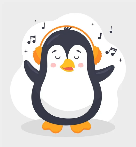 Pingouin Dans Les Écouteurs Caractère Mignon Pour Les Enfants Danse — Image vectorielle