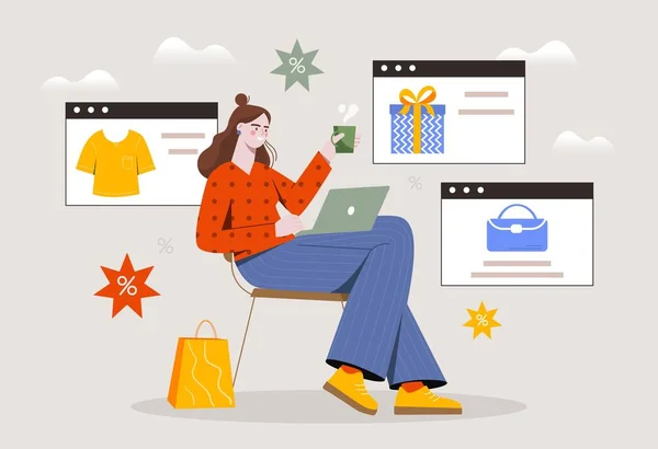 Online Shop Konzept Frau Mit Laptop Kauft Waren Internet Lieferung — Stockvektor
