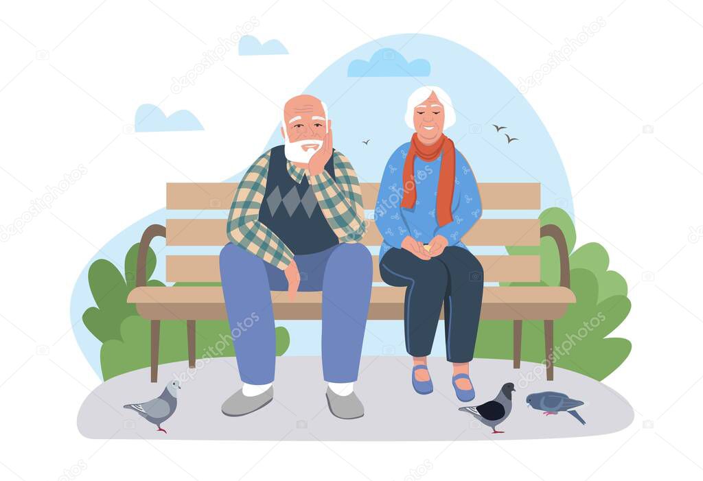 Elderly couple at park. Grandparents sitting on park bench. Family on romantic date, husband and wife feeding pigeons. Seniors on walk in summer or spring season. Cartoon flat vector illustration